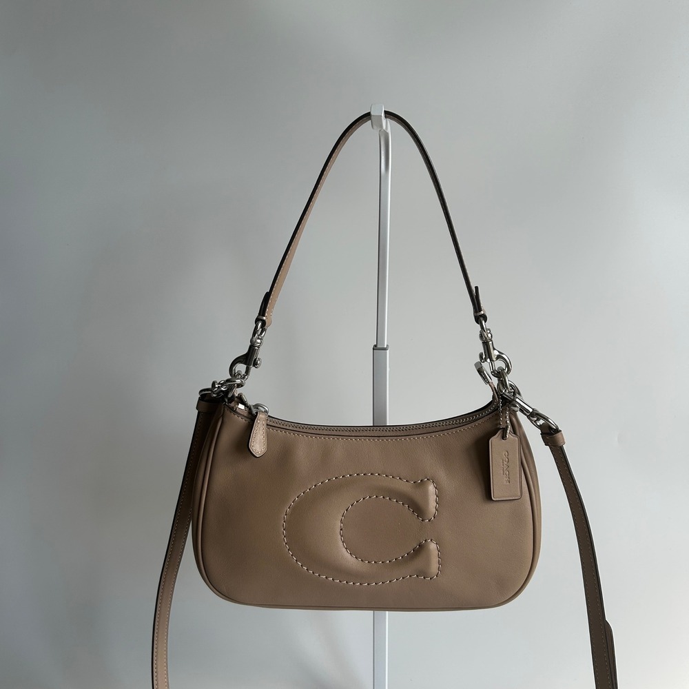 Coach Teri Shoulder Bag Taupe Beige Leather CR099 Debossed C Crossbody